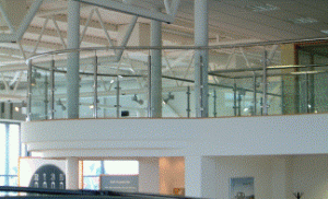 Stairs, balconies and railings in stainless steel and glass.